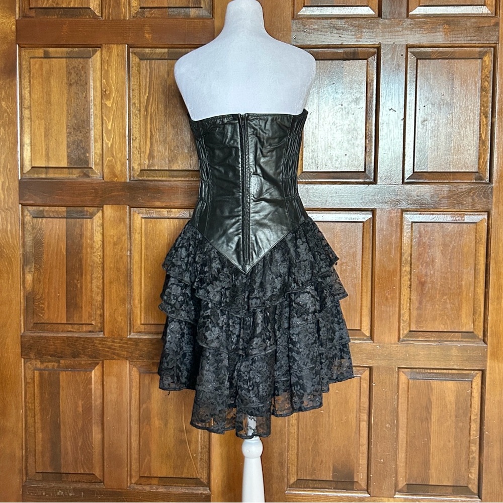 Vintage Chia Leather Corset Lace Tiered Ruffle Dress 90s Korea Rocker Punk Sz 12 - Picture 3 of 13